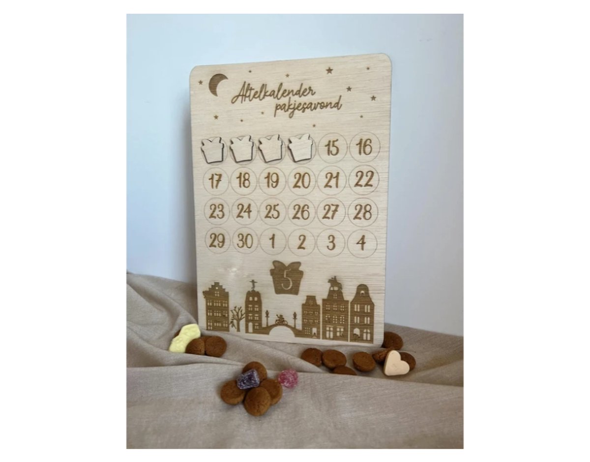 Aftelkalender | Sinterklaas | Intocht sinterklaas | Schoencadeau | 5 december | A4 | Hout | 24 cadeautjes | Pakjesavond | Decoratie | Feestdecoratie | Sinterklaas versiering